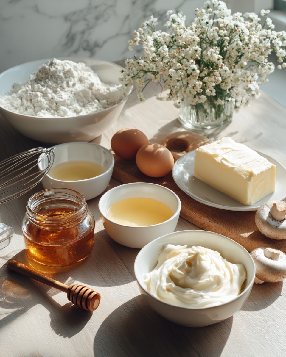 The image shows several small white bowls arranged on a wooden table with a bouquet of small white flowers in the background. In the front right bowl, there is a thick, creamy white mixture with a smooth texture. To the left, a small glass jar filled with golden honey has a wooden honey dipper resting beside it. Behind the jar, a small white bowl holds a light yellow liquid. Another white bowl at the center contains a pale amber liquid. Behind it, a white bowl holds a block of butter and a whole white egg. To the left, a large white bowl is filled with white powder, likely flour. A small white plate has a whisk resting on it. A single brown egg and a few small mushrooms are placed between the bowls. The scene is lit with natural light illuminating from the side, set on a white marbled texture. photo taken with an iphone --ar 4:5 --v 7