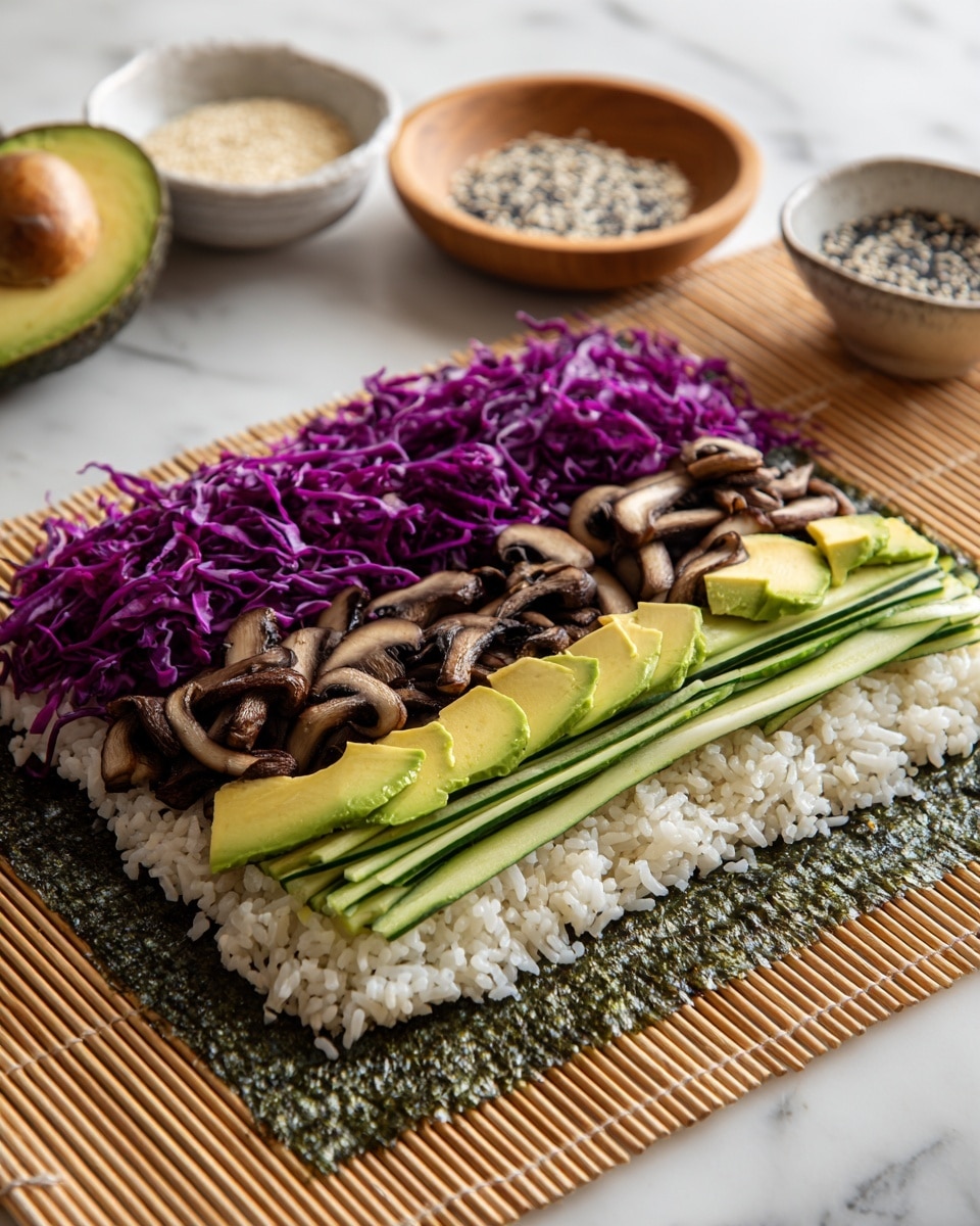 The image shows a bamboo sushi rolling mat with a sheet of dark green seaweed on top, covered with an even layer of light beige cooked rice. On top of the rice, there is a layer of bright purple shredded cabbage, followed by a row of dark brown cooked mushrooms, light green cucumber sticks, and slices of light green avocado placed in the middle. In the background, there is a small wooden bowl filled with white and black sesame seeds, and a white bowl is partially visible, all set on a white marbled surface. Photo taken with an iphone --ar 4:5 --v 7