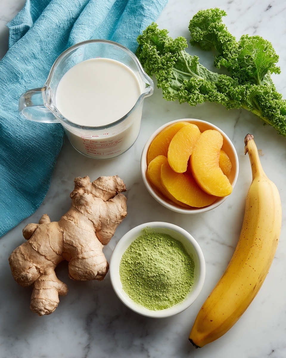 The image shows ingredients for a smoothie arranged on a white marbled surface. There is a clear glass measuring cup filled with white liquid, a large piece of light brown ginger root with a knobbly texture, a small white bowl with bright green powder, a white bowl filled with soft orange-yellow peach slices, a peeled banana with yellow skin and brown spots, and three long green kale leaves with curly edges. A light blue cloth is partially visible behind the measuring cup and ginger. photo taken with an iphone --ar 4:5 --v 7