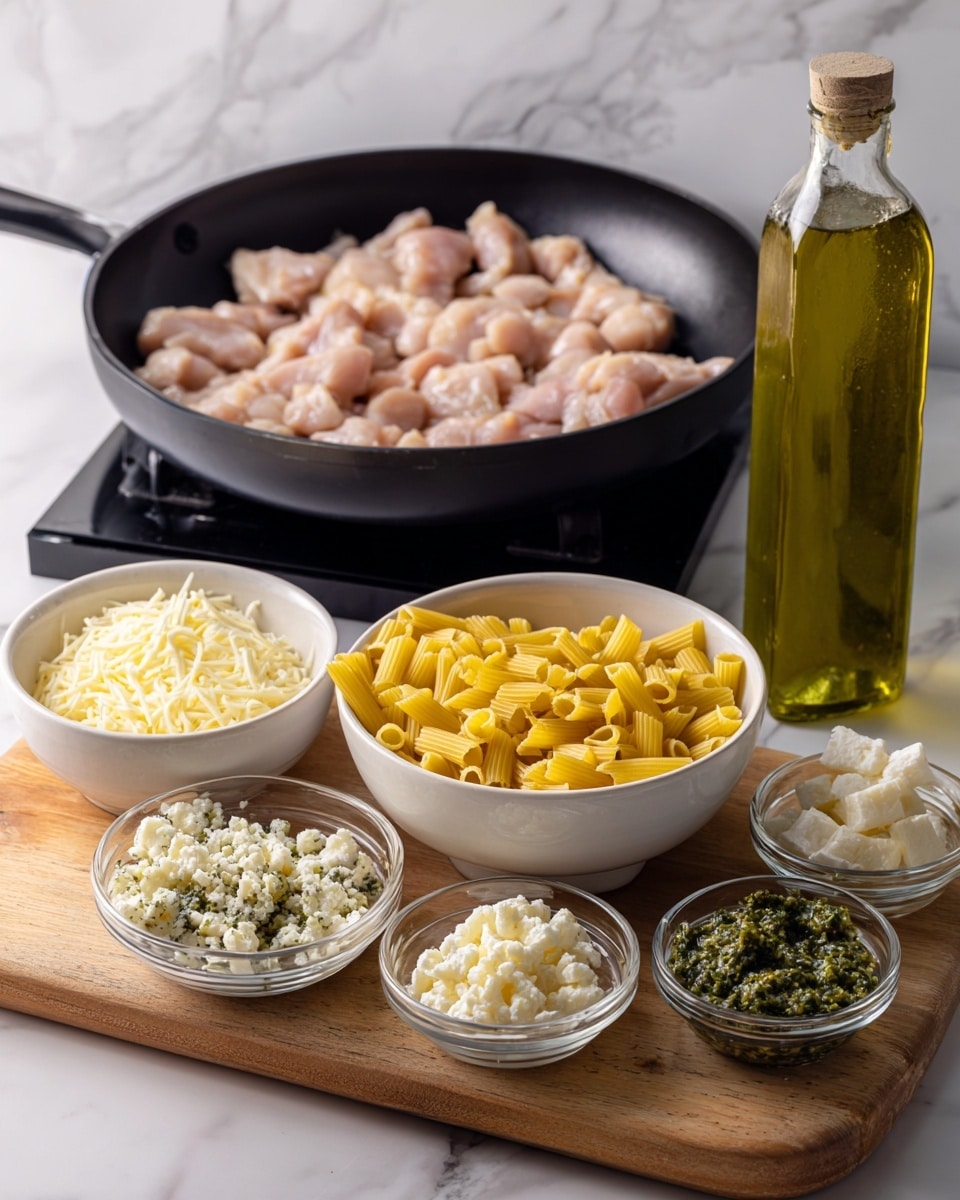 The image shows a black pan filled with many small pieces of cooked light pink chicken placed on a stove. In front of the stove, there is a white bowl full of uncooked yellow pasta shaped like small sticks. Next to the pan, on a wooden board, are six small bowls and dishes; two white bowls contain shredded white cheese and small white curd-like cheese pieces respectively. There are also three clear glass bowls, one with crumbled white cheese, one with a green herb mix, and one with a green sauce mixed with herbs. Behind the pan stands a tall clear bottle filled with green olive oil. The surface beneath everything is a white marbled texture photo taken with an iphone --ar 4:5 --v 7
