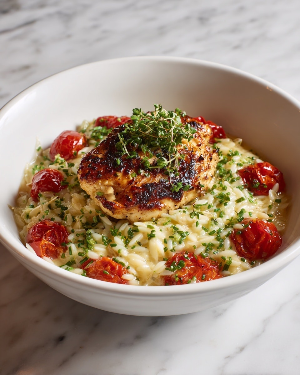 A white bowl holds the dish with three layers: the bottom layer is creamy orzo pasta mixed with finely chopped green herbs, covered evenly; the middle layer shows bright red roasted cherry tomatoes scattered around the orzo; the top layer features a golden-brown grilled piece of chicken with green herbs sprinkled on it, placed in the center. The bowl sits on a white marbled surface. photo taken with an iphone --ar 4:5 --v 7