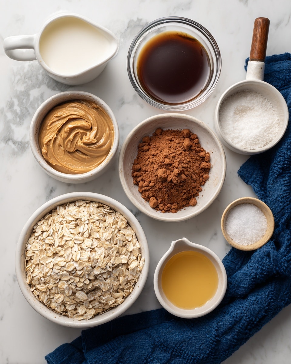The image shows seven small white bowls with different ingredients arranged on a white marbled surface. The biggest bowl in the front is filled with light beige rolled oats with a rough dry texture. To the left, a smaller white bowl holds smooth, creamy peanut butter in a tan color with swirls on the surface. Above it, a clear glass bowl contains a dark brown sticky syrup. In the center, a white bowl is filled with fine, reddish-brown cocoa powder. Above it, there is a small white pitcher with smooth white milk and a wooden handle. To the right, a white measuring cup is filled with white granulated sugar. Next to it, a tiny white bowl with a yellow liquid, likely vanilla extract, shows a smooth shiny surface with a pattern inside. A dark blue cloth is partially seen on the right side. All bowls and ingredients are placed neatly. Photo taken with an iphone --ar 4:5 --v 7