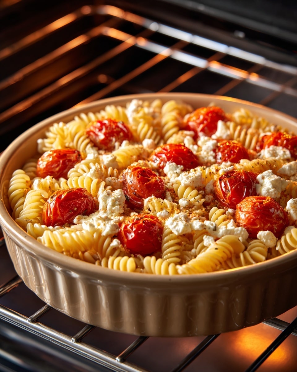 A beige round baking dish is filled with cooked spiral pasta that forms the bottom layer, light yellow in color with a soft texture. On top, there are whole cherry tomatoes, bright red and slightly wrinkled as if roasted. Scattered unevenly over the tomatoes and pasta are crumbled white cheese pieces with a lightly browned, toasted surface. The dish is inside an oven, glowing warmly from the light, and the background shows stainless steel oven racks with a shiny texture. photo taken with an iphone --ar 4:5 --v 7