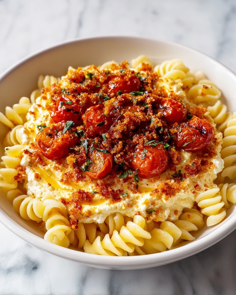 A white bowl holds a serving of fusilli pasta with a light yellow color and slightly shiny texture, spread evenly across the bottom. On top, there is a thick layer of crumbly, soft white cheese mixed with orange-red seasoning, giving it a slightly rough texture. Scattered over the cheese are bright red roasted cherry tomatoes that have a wrinkled, juicy appearance. Small green herb pieces are sprinkled on top, adding a touch of fresh color. The bowl is placed on a white marbled texture surface. photo taken with an iphone --ar 4:5 --v 7