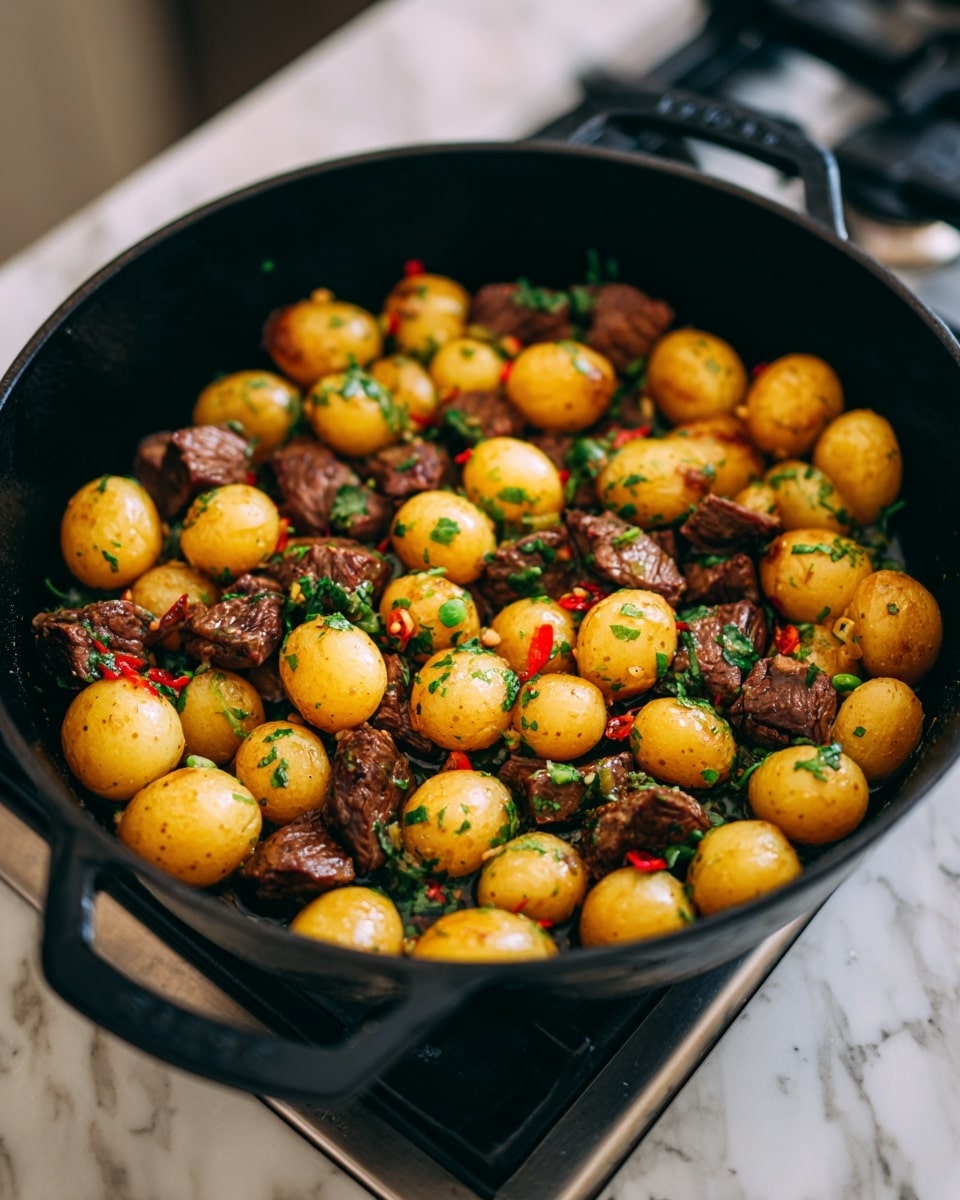 The image shows a black cast iron pan filled with cooked small yellow potatoes and pieces of browned beef. The potatoes are whole, golden with some slight charring, and the beef chunks are dark brown with hints of green herbs sprinkled on top. There are also small bits of red chili mixed in among the potatoes. The pan is placed on a stove with a white marbled kitchen counter in the background. photo taken with an iphone --ar 4:5 --v 7