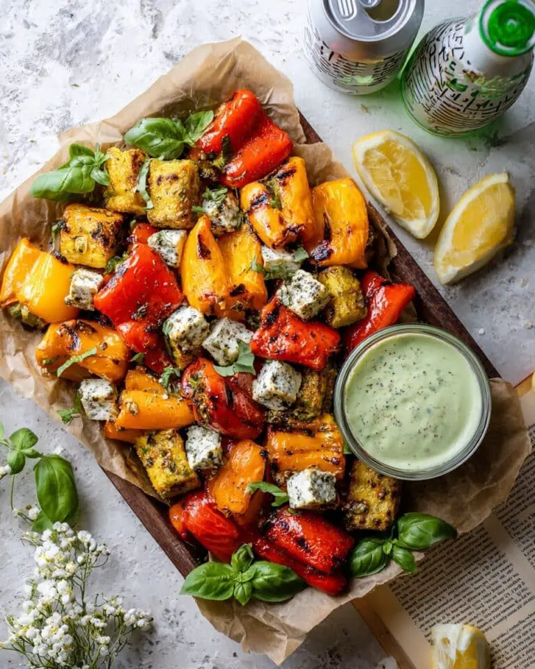 Grilled Baby Bell Peppers with Minty Feta Dipping Sauce Recipe
