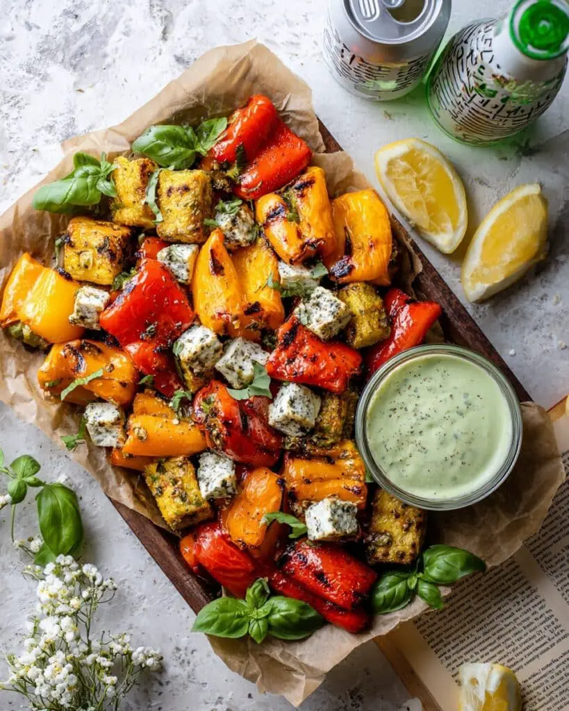 Grilled Baby Bell Peppers with Minty Feta Dipping Sauce Recipe