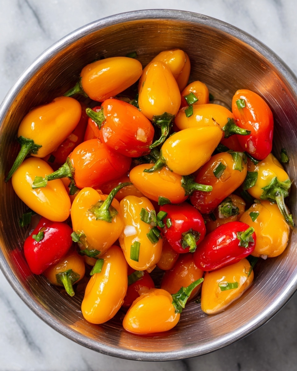 A shiny silver bowl is filled with a mix of small yellow and red mini bell peppers. The peppers are glossy and appear to be coated lightly with oil. Small green herb bits are scattered over the peppers and inside the bowl, adding texture and color contrast. The peppers have green stems and smooth skins, with some showing slight dimples. The background visible outside the bowl is a white marbled surface. photo taken with an iphone --ar 4:5 --v 7