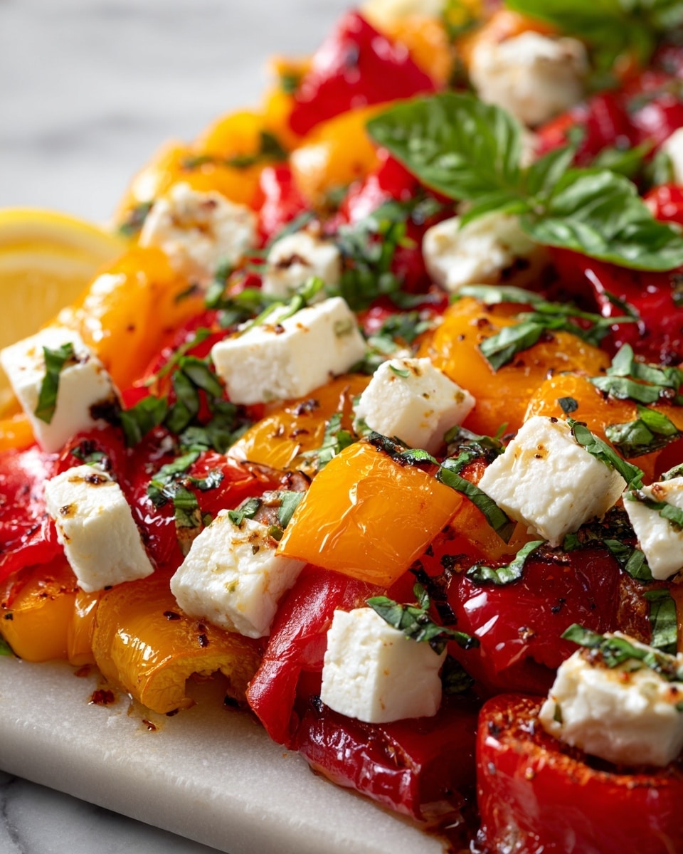This image shows a close-up of a colorful dish with three layers: the first layer has roasted mini bell peppers in bright red, yellow, and orange colors with slightly charred skins giving a glossy look, the second layer has scattered white cubes of feta cheese with a crumbly texture, and the third layer has fresh green basil leaves and herbs sprinkled throughout, adding vibrant contrast. There is also a lemon wedge visible on the side, all placed on a white marbled surface. The overall look is fresh, bright, and appetizing with a mix of smooth, shiny, and crumbly textures. photo taken with an iphone --ar 4:5 --v 7
