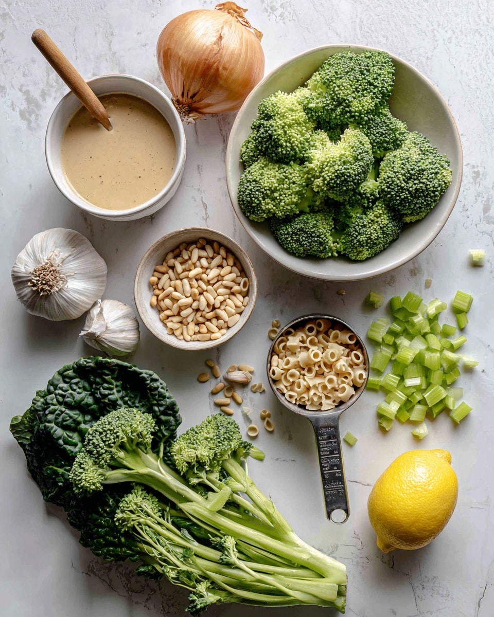 The image shows ingredients arranged on a white marbled surface including a white bowl filled with bright green broccoli florets to the right center, a metal measuring cup filled with light brown small pasta shells below the broccoli, and scattered light green chopped celery pieces next to a halved yellow lemon at the bottom right. On the left side, there is a pile of dark green leafy vegetables beneath a whole yellow onion and a cluster of broccoli florets. At the top left, a white bowl contains a creamy beige sauce with a wooden spoon resting inside. Nearby, a whole garlic bulb and a small pile of pale pine nuts lie close to the broccoli. photo taken with an iphone --ar 4:5 --v 7