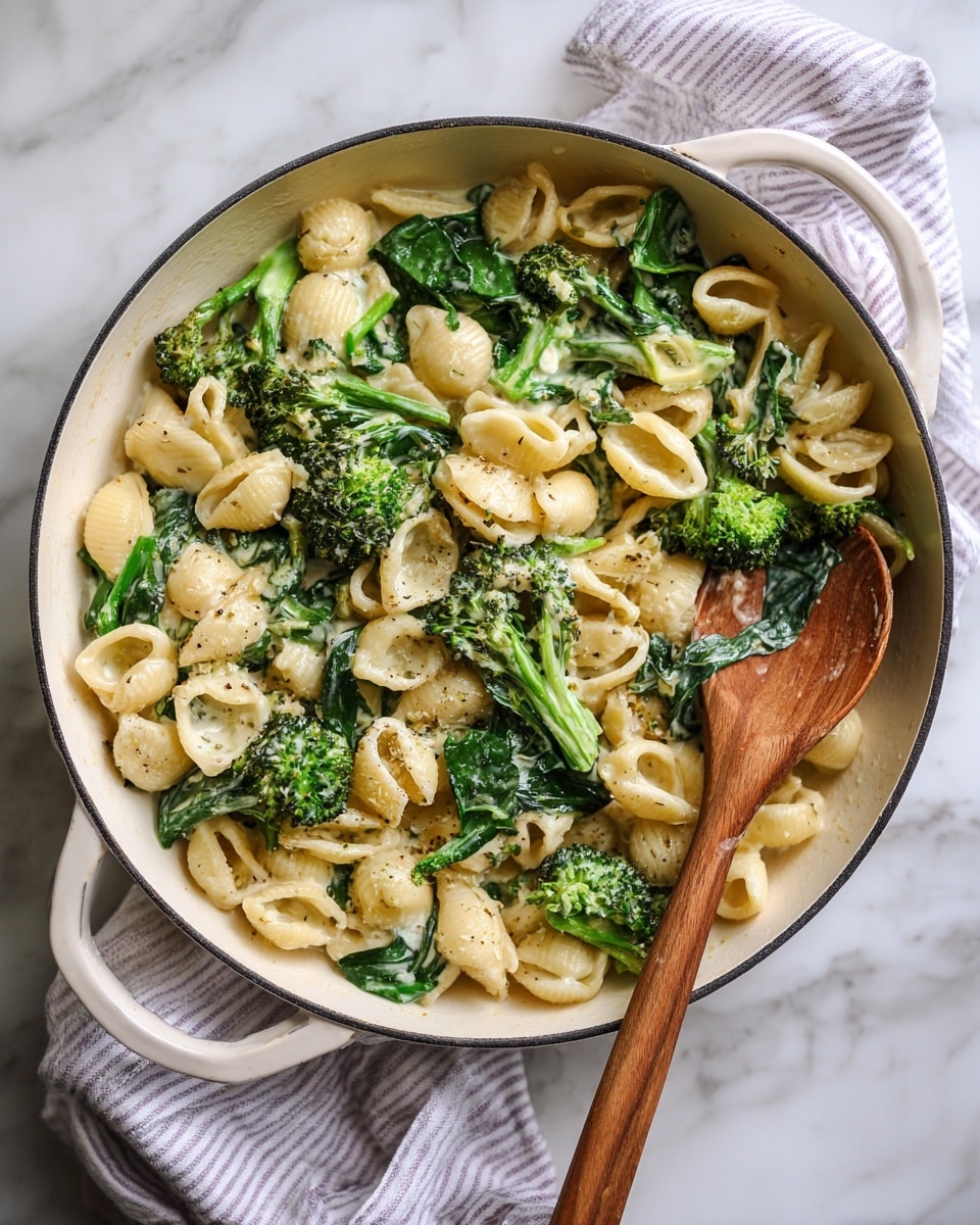 A white round pan filled with a creamy pasta dish shows three main layers: the base layer is pale beige small shell pasta, the middle layer consists of vibrant green broccoli florets and dark green spinach leaves, and on top, a light cream sauce is partially covering the vegetables and pasta. A wooden spoon with a smooth texture rests inside the pan, mixing the ingredients gently. The pan sits on a white marbled surface with a white and purple striped cloth nearby. photo taken with an iphone --ar 4:5 --v 7