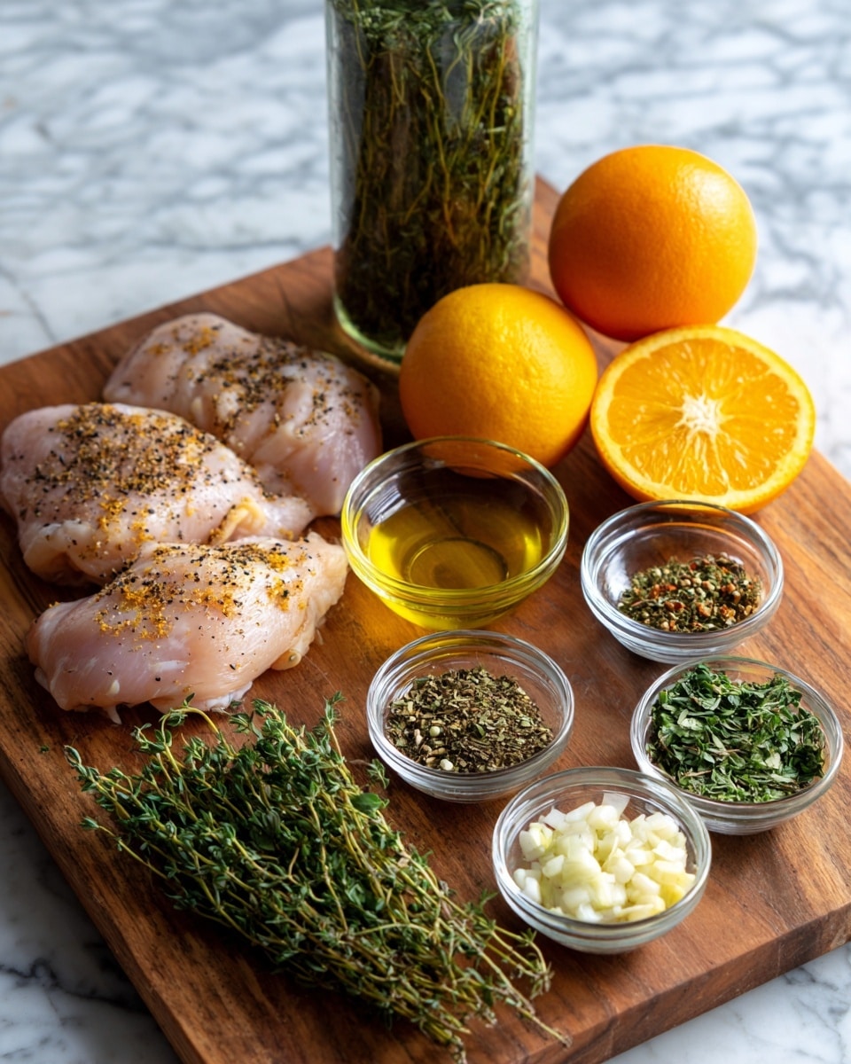 The image shows a wooden board with four raw chicken pieces seasoned with black pepper and herbs on the left side. In front of the chicken, there is a small clear bowl filled with yellow oil or sauce. To the right of the chicken, there are three whole citrus fruits: two oranges and one lemon, along with a half-cut orange showing its bright orange flesh. Below the citrus, several fresh green thyme sprigs lay horizontally across the board. In the front right section, there are four small clear bowls, each containing dried green herbs, a mix of ground spices, finely chopped white onions, and garlic cloves. Behind the citrus fruits, a glass bottle with green herbs inside is placed. The background features a white marbled surface. photo taken with an iphone --ar 4:5 --v 7