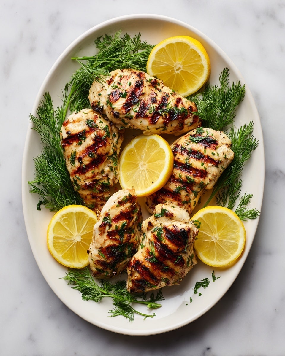 There is a white oval plate on a white marble surface. The plate holds four grilled chicken pieces, each with brown grill marks and sprinkled with green herbs. The chicken pieces are arranged in a loose cluster, slightly overlapping. Around the chicken, there are four bright yellow lemon slices placed evenly on the plate. Fresh green dill sprigs are placed beneath and around the chicken and lemon slices for decoration. The overall look is bright, fresh, and savory. photo taken with an iphone --ar 4:5 --v 7