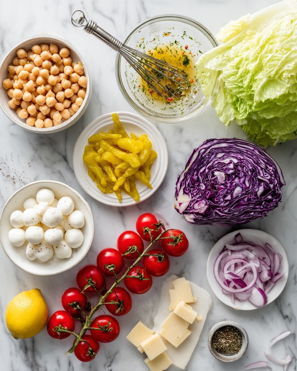 The image shows a variety of fresh ingredients arranged on a white marbled surface. At the center, there is a light green round lettuce and to the right of it, a round purple cabbage. Above the lettuce sits a white bowl filled with small white mozzarella balls. To the left, there is a white bowl filled with light brown chickpeas. Below the chickpeas, a bunch of bright red cherry tomatoes still on the vine stretches diagonally across the surface. Above the tomatoes, a glass mixing bowl contains a yellowish salad dressing with herbs and a silver whisk inside. Near the purple cabbage, a small white plate holds several yellow pickled peppers. Scattered near the bottom right corner are some thin red onion slices and a small glass bowl with light yellow cubed cheese. A fresh lemon half lies near the salad dressing bowl, and a tiny amount of black pepper and dried herbs rest in a small white dish near the tomatoes. Photo taken with an iphone --ar 4:5 --v 7