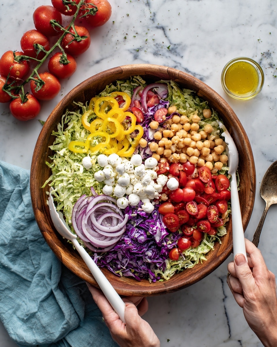 A large wooden bowl filled with a colorful salad containing layers of shredded green lettuce and purple cabbage at the base, topped with halved bright red cherry tomatoes scattered evenly, round chickpeas spread throughout, thin yellow pepper rings placed on top, small white mozzarella balls, diced white cheese cubes, and thin slices of red onion mixed in. A woman's hands hold white salad servers, one on the right side and one at the bottom, mixing the salad. The bowl sits on a white marbled surface next to a bunch of fresh cherry tomatoes still on the vine, a small glass bowl with yellow dressing and a spoon nearby, and a light blue cloth in the background. photo taken with an iphone --ar 4:5 --v 7