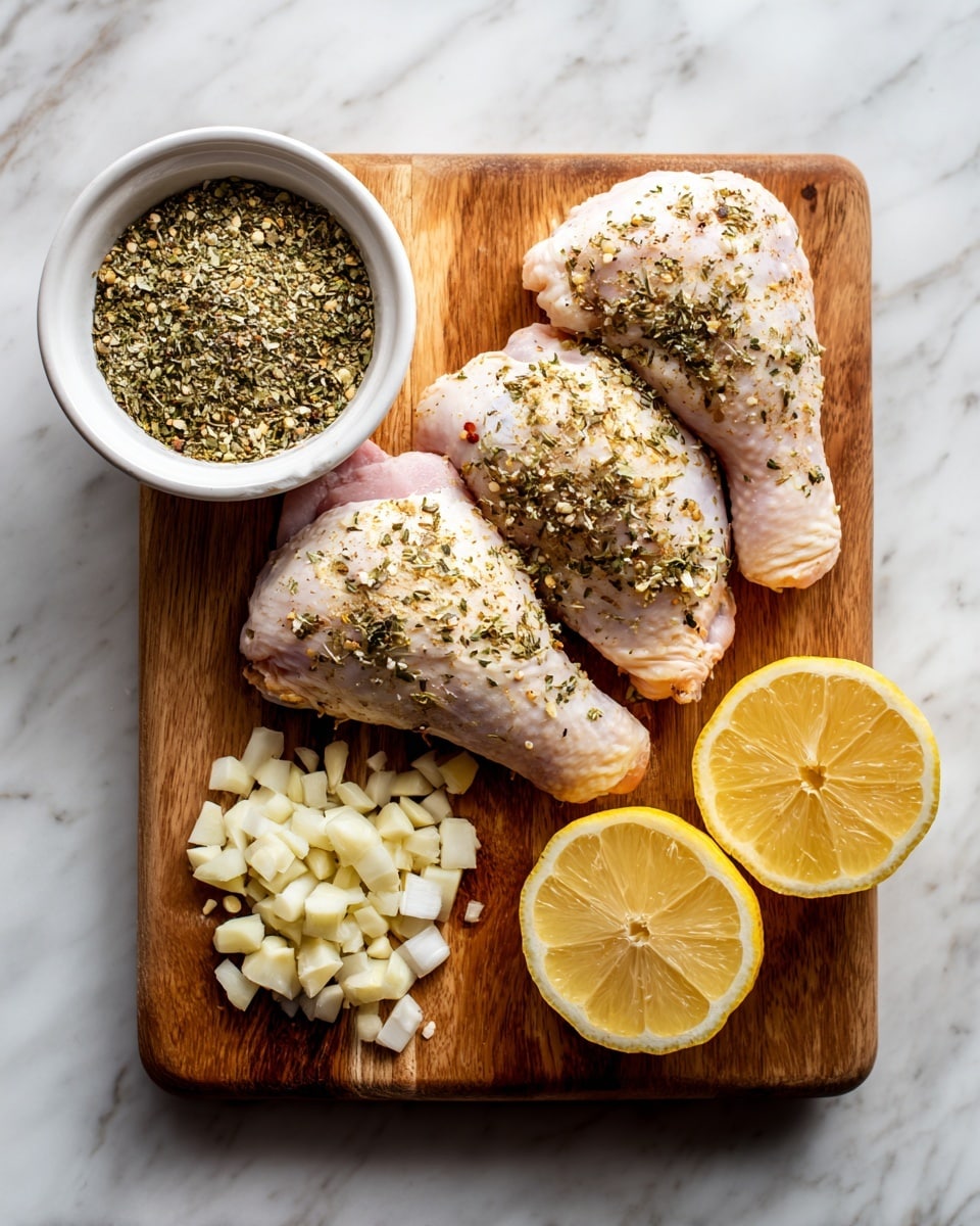 Three raw chicken pieces are placed side by side on a wooden board, sprinkled with mixed herbs and spices giving them a speckled look. To the right of the chicken, there are two lemon halves showing their bright yellow and juicy interior. Below the chicken, there is a small pile of white chopped garlic. On the left side of the board, a small white bowl is filled with a green dried herb seasoning blend. The wooden board is set on a white marbled surface. photo taken with an iphone --ar 4:5 --v 7