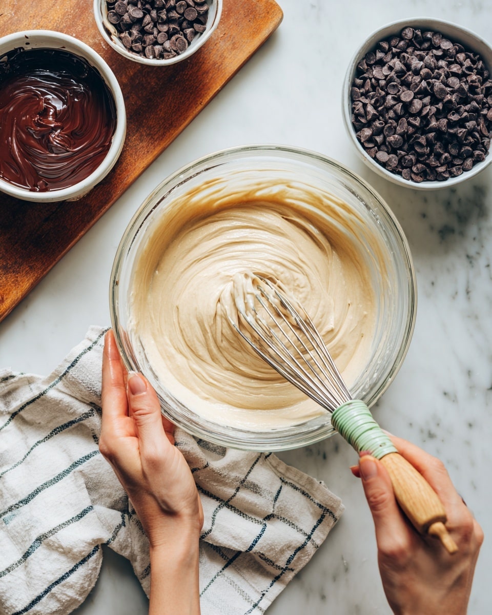 A close-up image shows a transparent glass bowl filled with smooth, light beige batter being mixed with a metal whisk that has a wooden handle with a light green wrap. A woman's left hand holds the bowl, while the woman's right hand stirs with the whisk. To the upper left, there is a white bowl with dark melted chocolate on a brown wooden board, and to the upper right, a white bowl filled with small dark chocolate chips sits on a white marbled surface. A white cloth with black stripes is underneath the bowl. Photo taken with an iphone --ar 4:5 --v 7
