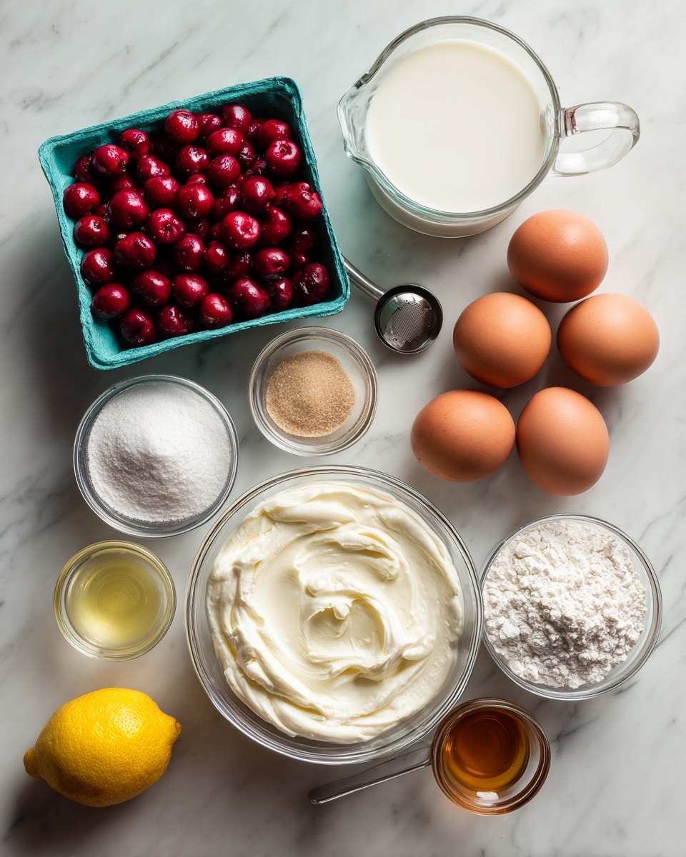 A top view shows a white marbled surface with fresh red cherries scattered and placed in a small square turquoise container on the upper left side. To the right, a glass measuring cup holds white milk. Beside it are three brown eggs grouped together. Below the milk and eggs, there is a white bowl filled with thick white cream. Around these central items, smaller containers and ingredients are placed: a small clear bowl with light brown sugar, a metal measuring cup with white flour, a tiny glass bowl with light yellow liquid, a small glass cup with amber vanilla extract, and a whole yellow lemon at the bottom left corner. photo taken with an iphone --ar 4:5 --v 7