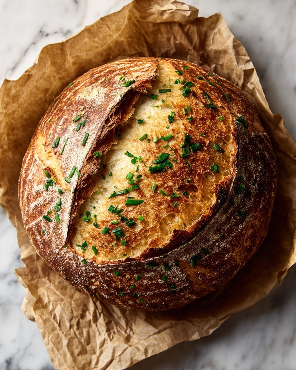 A round loaf of bread with a golden brown crust sits on crumpled brown paper on a white marbled surface. The top of the bread is cracked open in several places, revealing a soft, white inside. The crust is sprinkled with green chopped herbs, adding a fresh, textured look. The loaf has an uneven, rustic surface with darker, toasted areas and lighter, soft sections. photo taken with an iphone --ar 4:5 --v 7