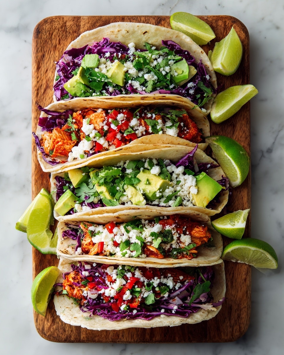 Four soft tortillas are lined up side by side on a wooden board, each filled with layers starting from a base of shredded purple cabbage and leafy greens. On top, there are pieces of seasoned cooked meat with a reddish-orange color, chunks of light green avocado, and small dollops of white crumbly cheese. Bright red small pepper slices are scattered throughout, and fresh green cilantro leaves add more color. Four lime wedges are placed around the tacos for garnish. The background surface is a white marbled texture. photo taken with an iphone --ar 4:5 --v 7