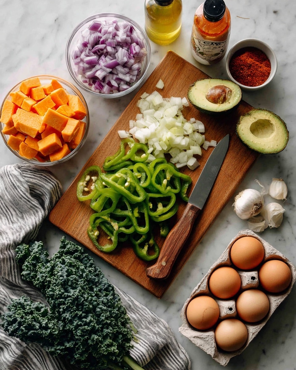 The image shows a wooden board with a peeled green pepper sliced into strips and chunks next to a small knife with a brown handle resting on the right side of the board. To the top left are glass bowls with diced purple onions and cubed orange sweet potatoes, alongside a small white bowl filled with red chili powder, next to a bottle of olive oil and a bottle of hot sauce. Below the board is a half avocado with its seed in a cluster of dark green kale leaves laid on a striped cloth. Nearby, there is a bulb of garlic with some cloves separated and an open cardboard egg tray containing four brown eggs. All items are placed on a white marbled surface. photo taken with an iphone --ar 4:5 --v 7