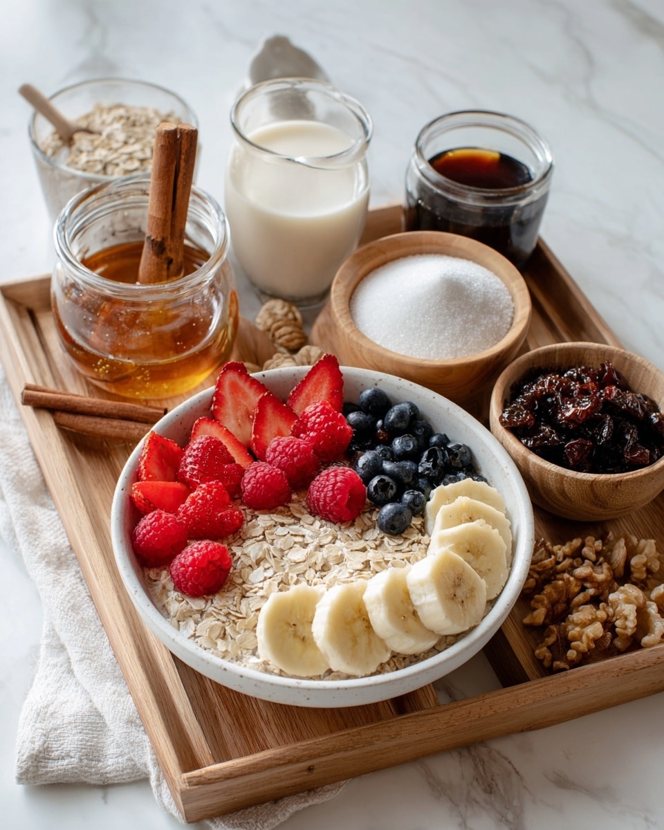 The image shows a wooden tray with several bowls and jars arranged on it, all set on a white marbled surface. In the front, there is a white bowl filled with oatmeal topped with sliced banana pieces neatly arranged toward one side, fresh strawberries, raspberries, and blueberries forming a colorful line beside the bananas, and sprinkled oats covering the uncovered parts. Behind this bowl, there is a glass of milk and next to it a small glass jar filled with honey. To the left, a clear glass holds dry oats, placed near two cinnamon sticks. On the right side, a white bowl contains dark raisins mixed with nuts. Toward the back, a light wooden bowl contains white sugar with a woman’s hand holding a honey dipper resting on it. Next to this is a glass jar filled with dark coffee. The scene is bright and well-lit with a clean and inviting feel. photo taken with an iphone --ar 4:5 --v 7