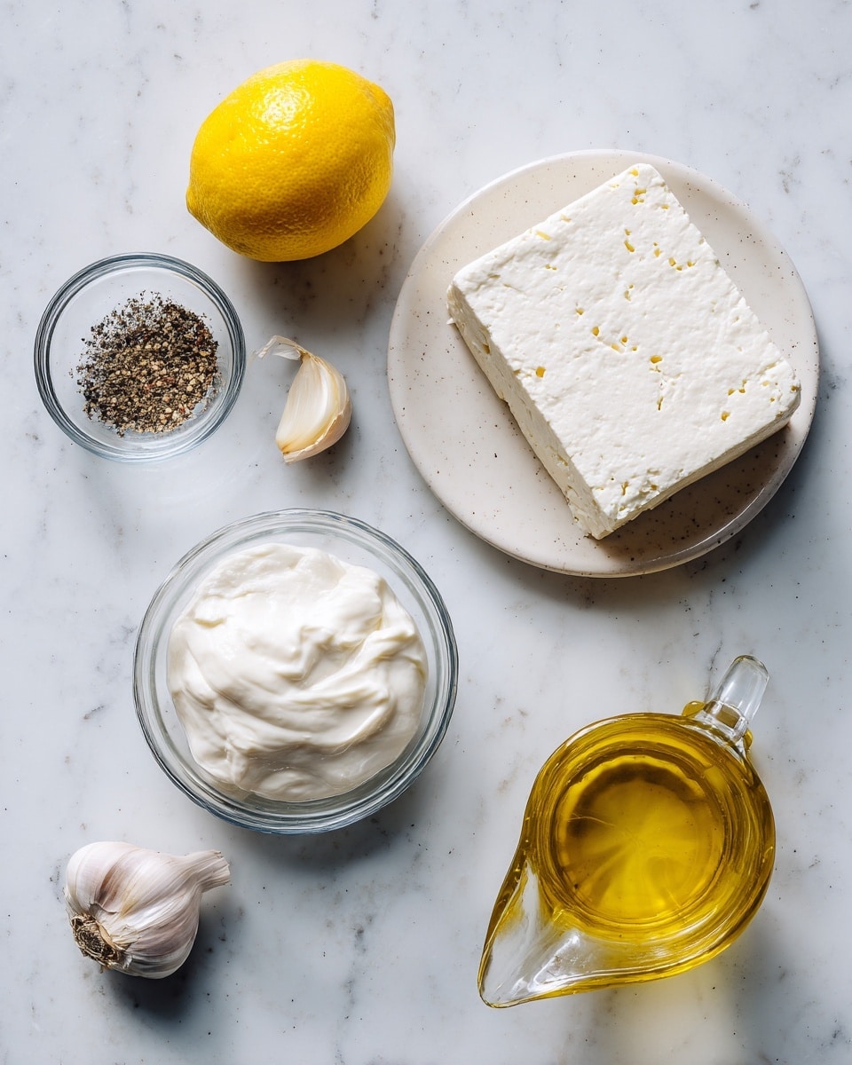The image shows a white marbled surface with five items arranged neatly. On the left, there is a whole yellow lemon and a small glass bowl with black pepper. Next to the lemon, a larger clear glass bowl holds thick, white yogurt. Near the top center, a single peeled white garlic clove sits on the surface. Toward the right side, there's a clear glass container of golden olive oil with a small spout. On the far right, a white plate holds a thick square block of white feta cheese. The items are evenly spaced and well lit, showing bright and natural colors. Photo taken with an iphone --ar 4:5 --v 7
