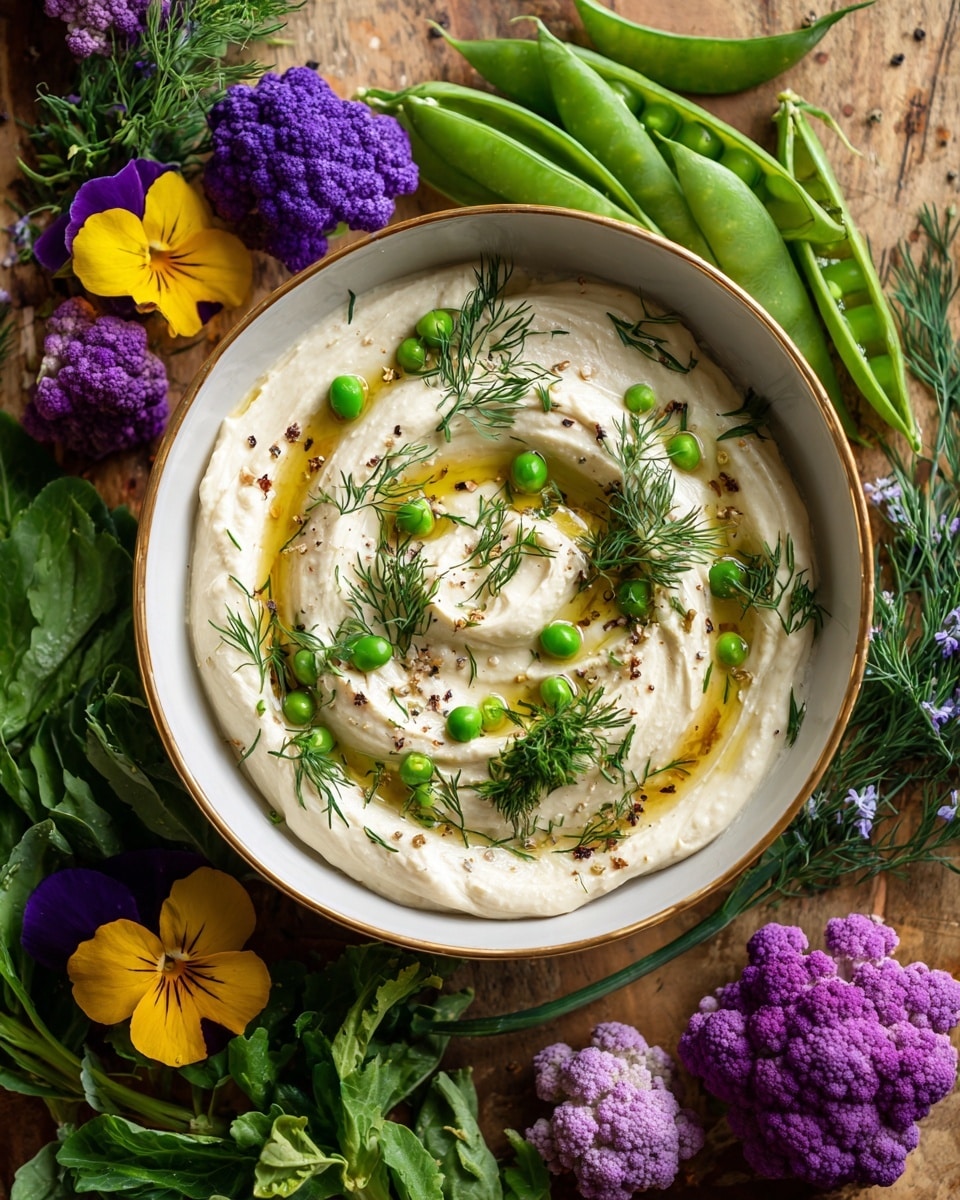 A white bowl with a thin gold rim holds a smooth, creamy dip topped with a swirl of golden olive oil, small sprigs of fresh green dill, and a light sprinkling of cracked black pepper. Surrounding the bowl on a wooden surface are green pea pods opened to show the peas inside, fresh leafy greens, sprigs of dill, small heads of purple cauliflower, and vibrant purple and yellow pansy flowers that add bright pops of color. The overall presentation is fresh and natural with a mix of green, purple, and white tones. photo taken with an iphone --ar 4:5 --v 7