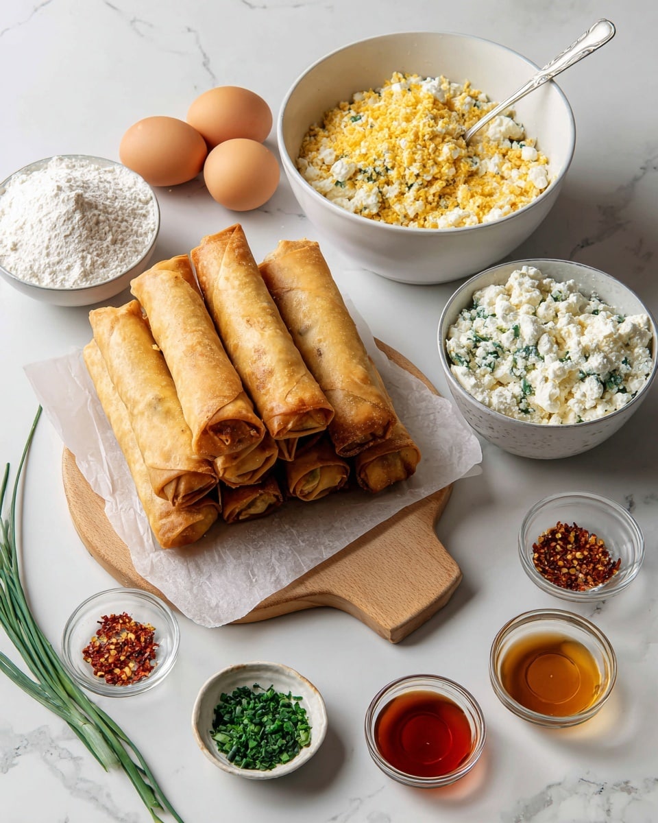 The image shows six golden brown spring rolls stacked neatly on white parchment paper on a wooden board. Above the board, there is a large white bowl filled with a crumbled yellow and white cheese mixture with a spoon inside. To its right, a smaller white bowl holds a white cheese mixed with green herbs. Around these bowls are three brown eggs, a carton holding two eggs, a glass bowl filled with white flour, and three small white bowls containing a clear amber liquid, red chili flakes, and chopped green herbs. All items rest on a white marbled surface. Photo taken with an iphone --ar 4:5 --v 7