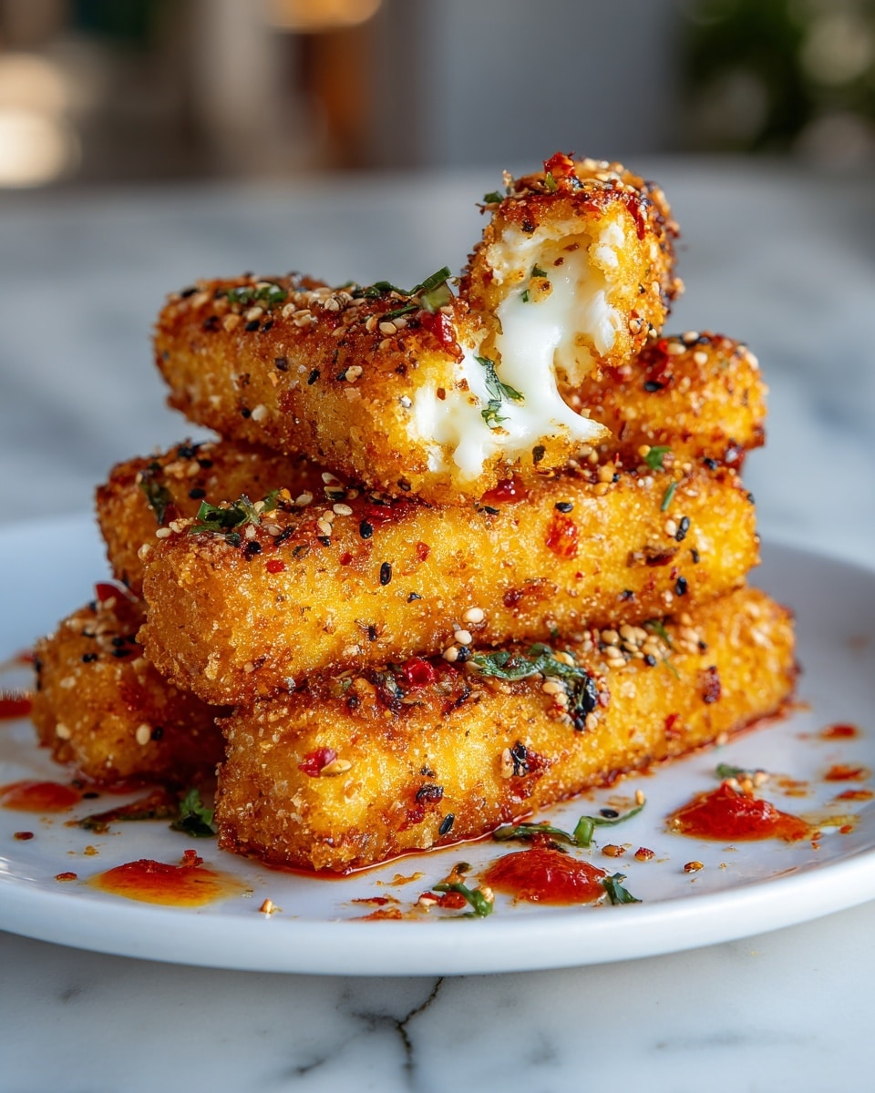 The dish shows five golden brown fried cheese sticks stacked on a white plate placed on a white marbled surface. Each cheese stick has a crispy, textured coating with visible black and red chili flakes, sesame seeds, and small green herb pieces sprinkled on and around them. One cheese stick is broken open, revealing melted white cheese inside. There are small drops of red sauce around the cheese sticks on the plate. The lighting is natural, and the background is softly blurred, giving focus to the cheese sticks. Photo taken with an iphone --ar 4:5 --v 7