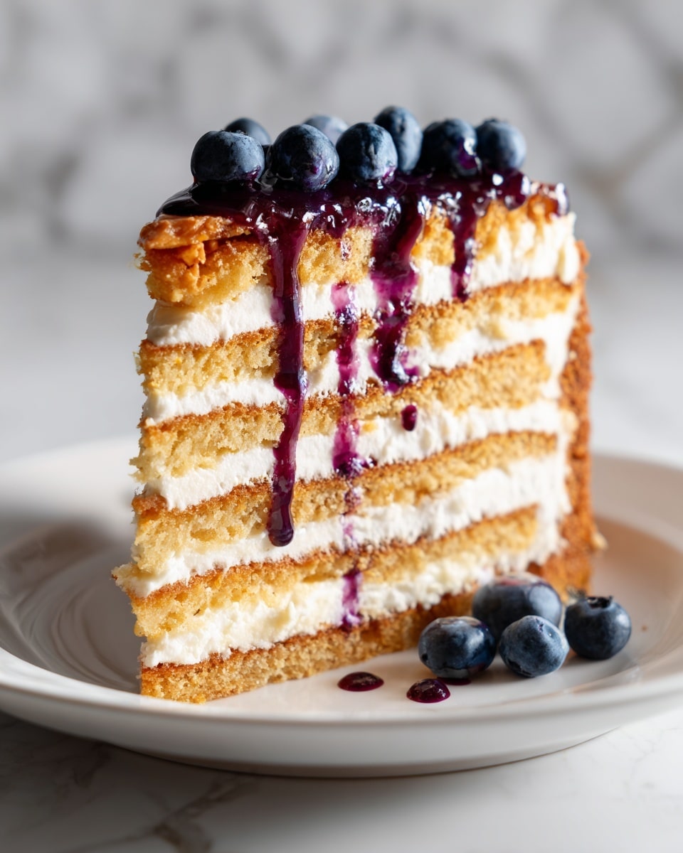 A white plate holds a tall slice of layered cake with five visible layers of golden-brown cake and creamy white filling in between. Dark purple berry sauce drips down the side of the slice, adding color contrast. On top, a row of fresh blueberries lines the edge, with a few placed beside the plate. The background is a white marbled texture with soft lighting highlighting the texture of the cake layers and berries. Photo taken with an iphone --ar 4:5 --v 7