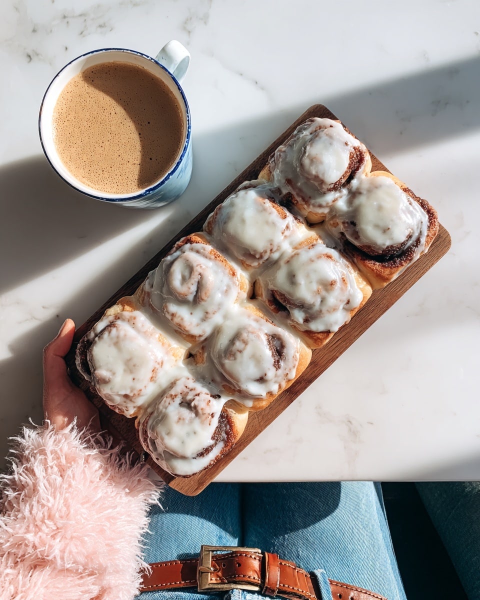 The image shows a close-up of a woman's hand holding a single piece of cinnamon roll monkey bread with a bite taken out of it, revealing a soft and airy inside with a golden brown outer layer covered in cinnamon. In the background, many square pieces of the monkey bread are piled closely together on a white marbled surface, each piece coated with a light white icing drizzle creating a shiny, creamy texture on top. The overall look is warm and inviting with a mix of golden browns and creamy white icing. Photo taken with an iphone --ar 4:5 --v 7