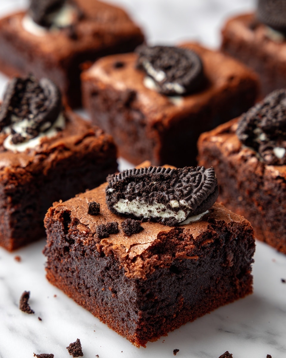 The image shows a close-up of several thick chocolate brownies, each square topped with broken pieces of black and white sandwich cookies. The brownies have a rich, dark brown color and a slightly glossy, cracked surface. The cookie pieces are scattered on top, showing the black chocolate wafer with white cream filling inside, adding texture and contrast. The squares are arranged closely together on a white marbled surface, with clear sharp edges between each piece. photo taken with an iphone --ar 4:5 --v 7