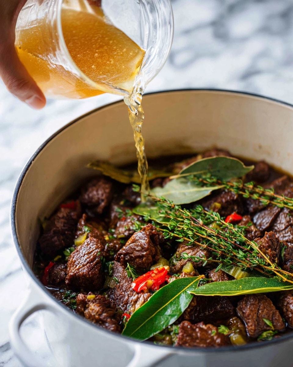 The image shows a white pot filled with dark brown cooked meat pieces layered with bright green herbs including thyme and bay leaves on top. There are visible pieces of red vegetables mixed with the meat, giving a rich, hearty look. A woman's hand is pouring a light brown liquid from a clear glass jug into the pot, creating a sense of fresh preparation. The background is a white marbled surface. Photo taken with an iphone --ar 4:5 --v 7