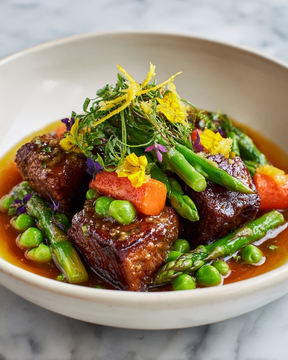 A white plate holds a serving of slow-cooked meat with a rich brown sauce covering it. Next to the meat are bright orange carrot slices and green asparagus with a glossy texture, all coated lightly in sauce. Behind the meat and vegetables is a small pile of cooked brown rice with a soft texture. The plate sits on a white marbled surface. photo taken with an iphone --ar 4:5 --v 7