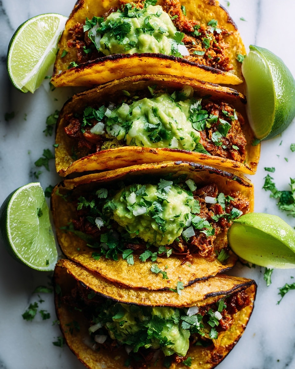 The image shows a close-up of four crispy golden-brown tacos arranged on a white marbled surface, each folded in half with a visible crispy texture and slightly charred edges. Each taco has a small dollop of bright green guacamole on top and is sprinkled with fresh chopped cilantro. Around the tacos are lime halves with vibrant green skins and juicy yellow-green interiors. The warm light creates shadows that emphasize the crunchy texture of the tacos and the fresh look of the garnishes. Photo taken with an iphone --ar 4:5 --v 7