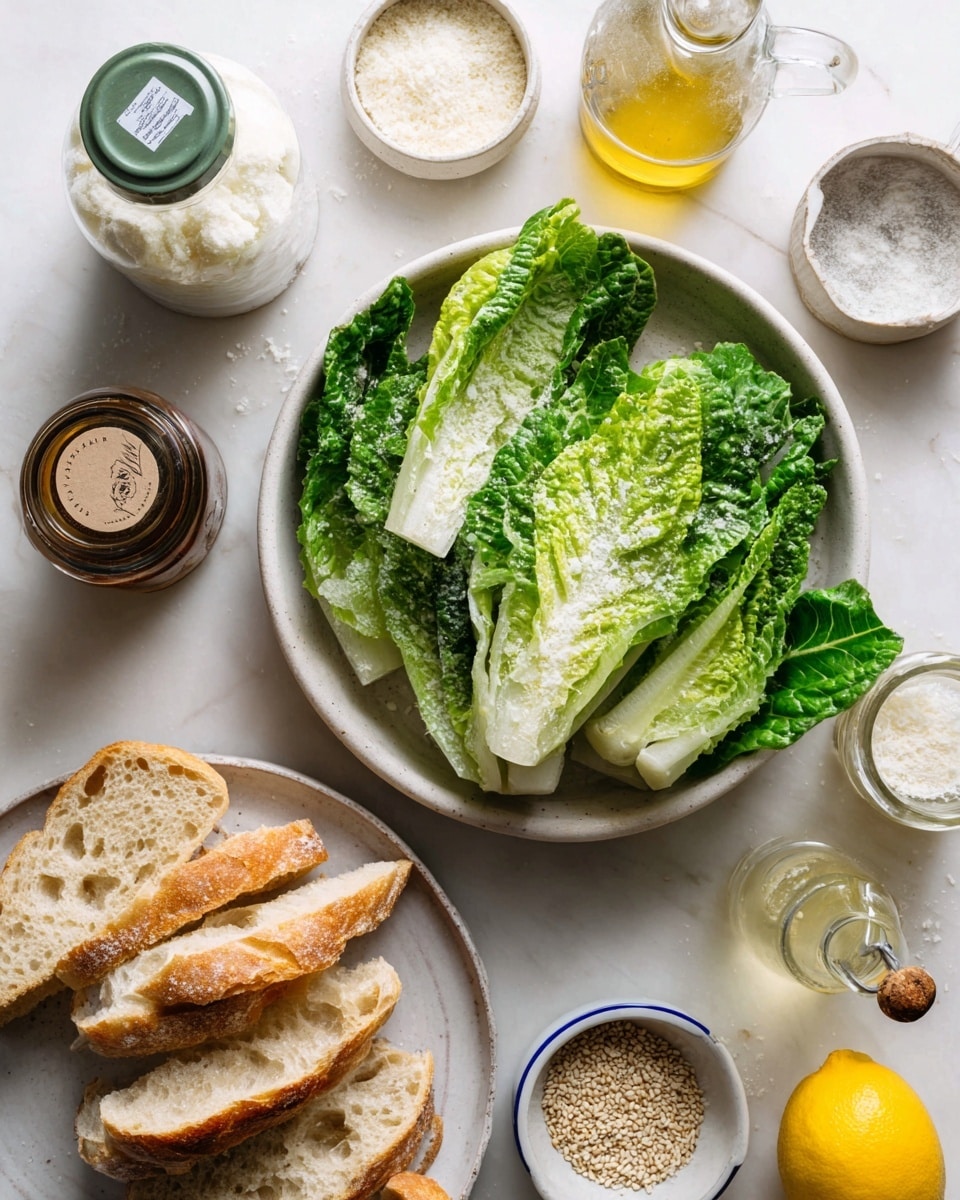 A white bowl filled with fresh green romaine lettuce leaves sits at the center of a white marbled surface. Near it, there is a round white plate holding several slices of light beige bread arranged neatly with a couple of pieces leaning on the others. Around the bowl and plate, several jars and containers are placed: a large white container with a green lid on the left, a small dark jar with a brown label, a small round cup filled with white grated cheese, and a white dish containing light brown seeds. To the right, there is a small bottle of clear yellow oil, a clear jar with a blue-rimmed white lid, and a whole lemon adding a bright yellow accent. The whole scene is bright with natural light. Photo taken with an iphone --ar 4:5 --v 7