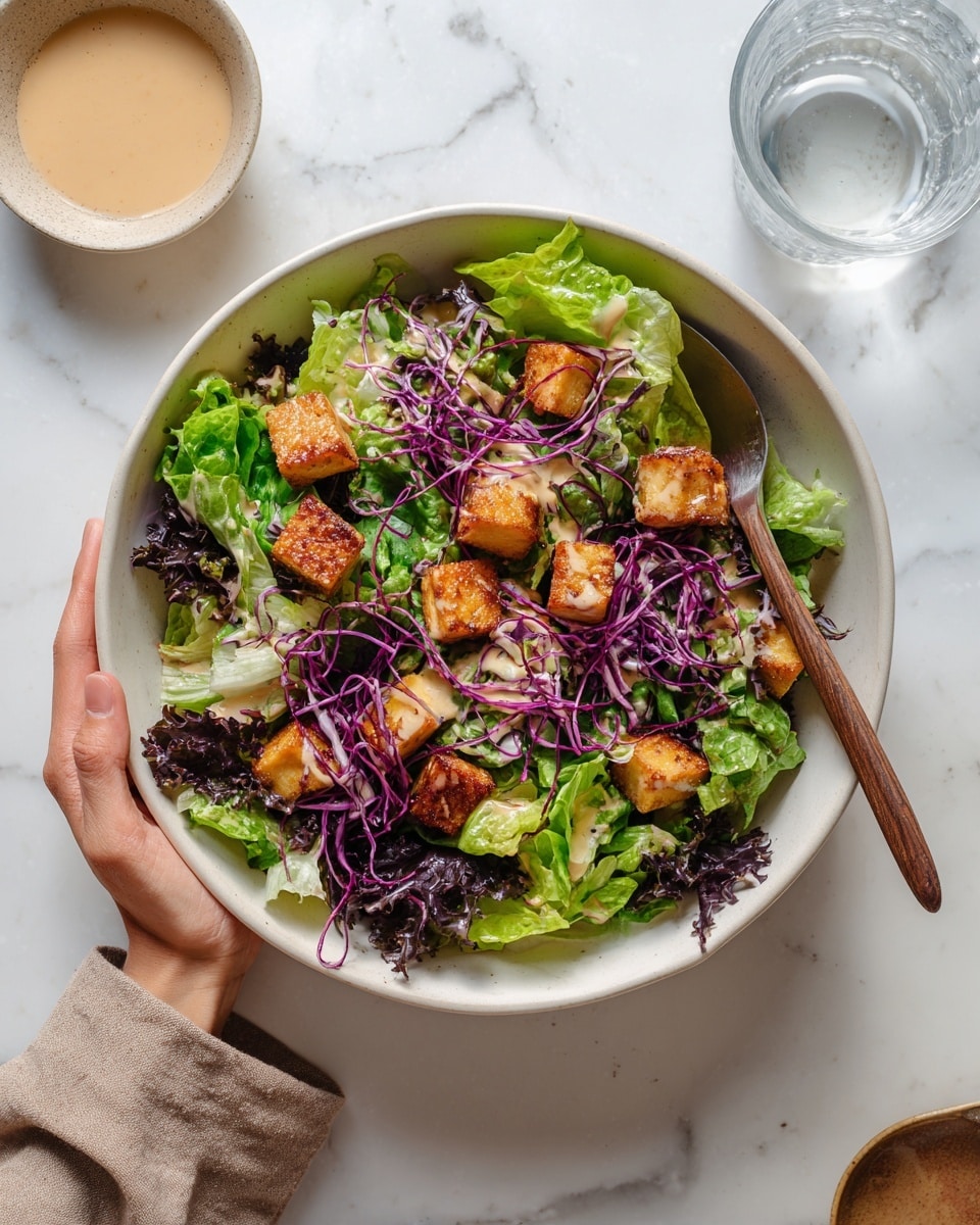A large white bowl filled with a fresh salad, showing different layers of green lettuce leaves, crispy golden tofu cubes scattered on top, and thin curly strands of purple seaweed adding color contrast. The salad looks lightly dressed, with a wooden fork inside the bowl. A woman's hand is holding the edge of the bowl. The scene is set on a white marbled surface with a small glass of water and a small bowl of light brown sauce in the background. photo taken with an iphone --ar 4:5 --v 7