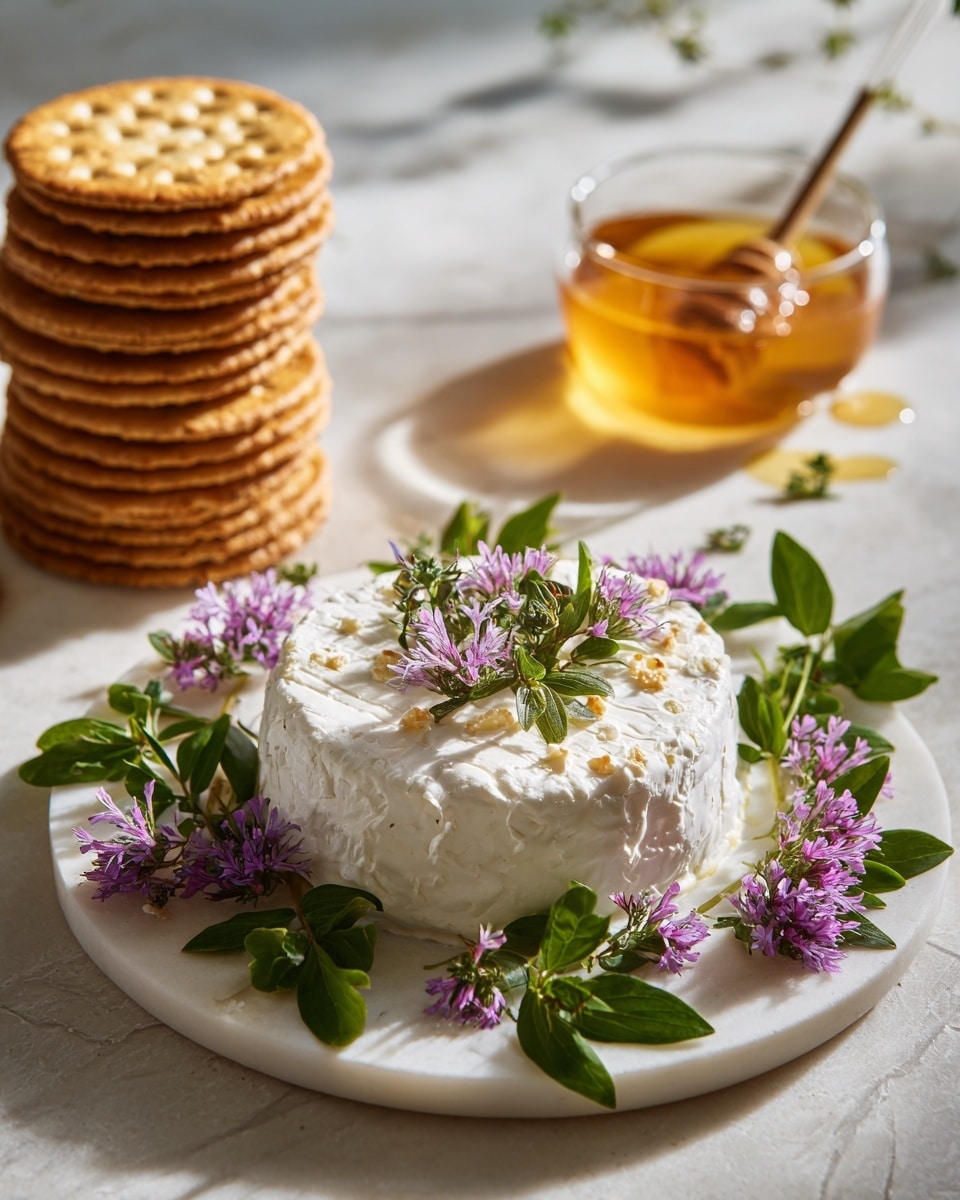 A round mound of soft white cheese is placed in the center of a white plate, covered with small purple flowers and fresh green herb leaves scattered around and on top, adding vibrant color and texture. Behind the cheese, there are two tall stacks of round golden crackers arranged neatly. To the right, a clear glass jar filled with golden honey and a silver spoon sticking out completes the scene. The plate and all items rest on a white marbled textured surface, with soft natural light highlighting the freshness of the ingredients. Photo taken with an iphone --ar 4:5 --v 7