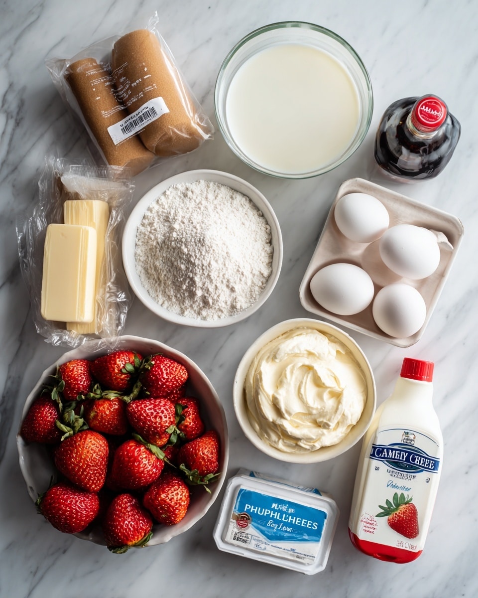The image shows ingredients arranged neatly on a white marbled surface: a brown sugar bag, two sticks of butter wrapped in paper, a glass bowl of milk, three white eggs, a white container of fresh red strawberries, a clear bowl of white flour, two small packages of Philadelphia cream cheese, a dark glass bottle of vanilla extract with a red seal, and a white tub of Daisy sour cream. The items vary in size and shape, placed side by side with clean spacing creating an organized and bright display. Photo taken with an iphone --ar 4:5 --v 7