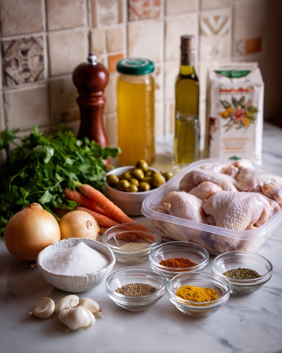 The image shows a white marbled surface holding various cooking ingredients arranged neatly. At the front left, there is a whole onion and three garlic cloves, followed by a small white bowl filled with white granulated sugar. Next to it is a small glass bowl with a white powder, possibly flour. Nearby are six small glass bowls filled with different spices in colors of brown, red, and yellow. Behind these bowls are two large orange carrots, and to their right is a plastic container holding four pieces of raw chicken with skin. Towards the back, from left to right, there is a bunch of fresh green cilantro, a jar of golden honey, a yellow lemon, a carton of organic chicken broth, a small bowl of green olives, a dark green bottle of olive oil, and a wooden pepper grinder. The background shows a tiled kitchen wall. Photo taken with an iphone --ar 4:5 --v 7