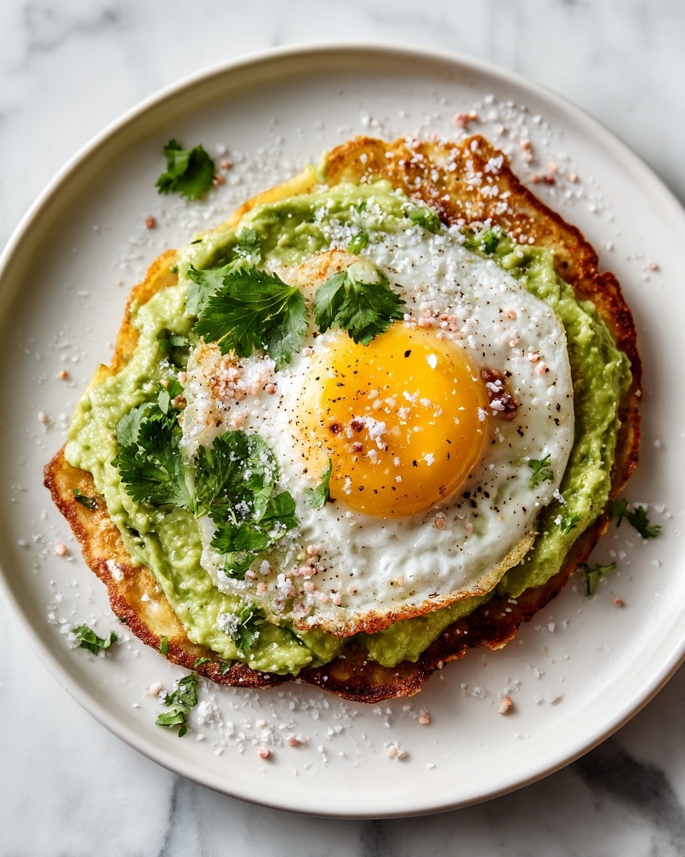 A white plate holds one golden brown pancake as the base layer, which has a slightly crispy edge. On top of the pancake, a thick uneven layer of green mashed avocado spreads on one side. Over the middle of the pancake sits a sunny-side-up egg with a bright yellow yolk and white edges that are crispy and slightly browned. Sprinkled on the egg and avocado are small green cilantro leaves, coarse white salt crystals, black pepper, and small clusters of pink salt crystals. The plate rests on a white marbled surface. Photo taken with an iphone --ar 4:5 --v 7
