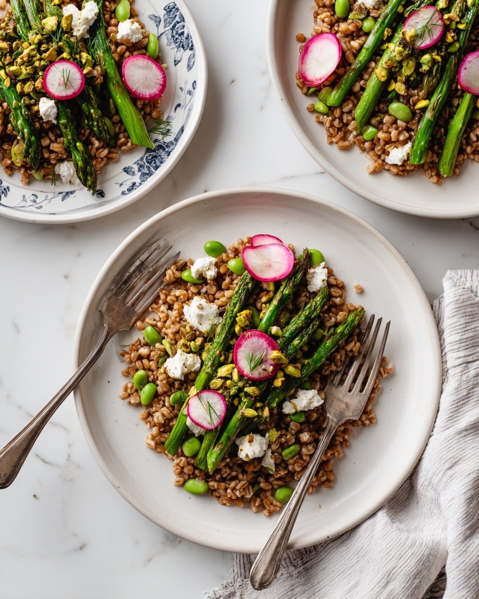 Three plates of a dish sit on a white marbled surface: two plain white plates and one white plate with blue floral patterns. Each plate has a base layer of cooked farro, light brown with a chewy texture, taking up most of the space. On top and along one side, there are bright green roasted asparagus spears laid in a neat line. Scattered throughout the farro are small white crumbles of soft cheese and bright green edamame beans. Thin pink radish slices are placed on top, adding a fresh pop of color, along with a few chopped pistachios sprinkled over everything. A silver fork rests on each plate, angled with its tines partly in the food. A white cloth with thin gray stripes lies near the top right plate. Photo taken with an iphone --ar 4:5 --v 7