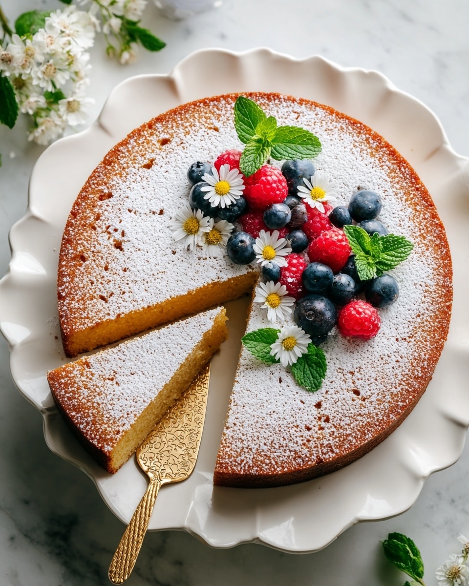 A round light golden cake with a soft texture sits on a white scalloped-edge plate. It is dusted evenly with powdered sugar, creating a thin white layer on top. One slice is taken out, showing the inside of the cake. On the top right part of the cake, there is a cluster of fresh blueberries and red raspberries, scattered together with small white daisy flowers and bright green mint leaves, adding pops of color and freshness. The cake is placed on a white marbled surface with a gold cake server with a textured handle beside it. Photo taken with an iphone --ar 4:5 --v 7