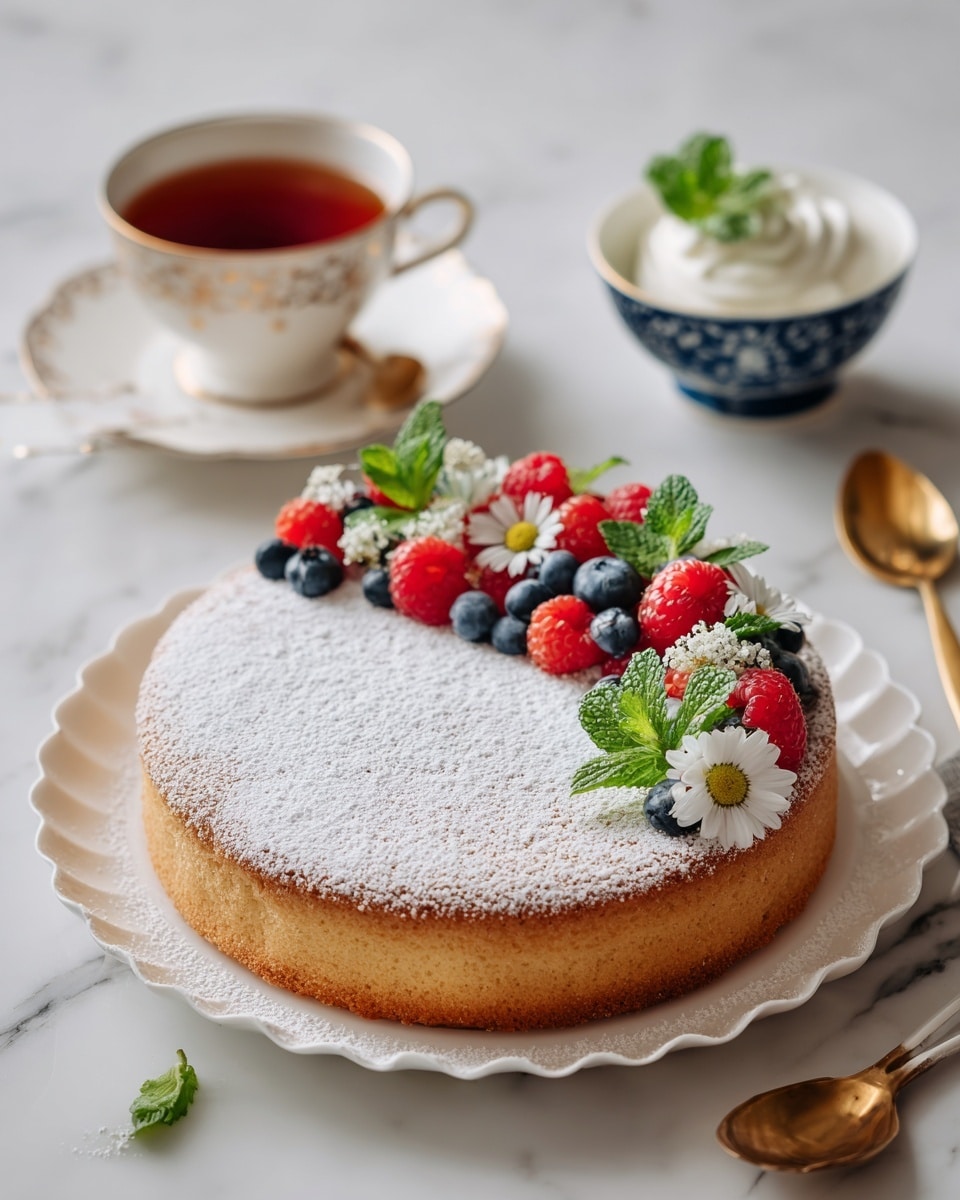A single-layer round cake with a light golden brown color dusted with a fine layer of powdered sugar covers the entire top. On one side, there is a colorful semi-circle arrangement of fresh raspberries, blueberries, small white daisies, and green mint leaves, creating a fresh and vibrant decoration. The cake sits on a white scalloped-edge plate, placed on a white marbled surface. Around the cake, there is a cup of dark red tea in a white cup with a decorative gold rim and a gold spoon beside it, and a blue and white bowl with white whipped cream topped with a mint sprig, accompanied by a gold spoon. Photo taken with an iphone --ar 4:5 --v 7