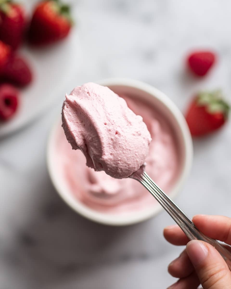 The image shows a close-up of a spoon held by a woman's hand, scooping a smooth, fluffy pink dessert or whipped cream from a white cup. The pink topping looks creamy and thick, with a soft texture that almost melts, and the spoon is shining with a silver metal finish. In the background, on a white marbled surface, there are fresh strawberries and raspberries, which add a bright red color contrast to the soft pink dessert. The overall feel is fresh and light, with soft natural light illuminating the scene. photo taken with an iphone --ar 4:5 --v 7