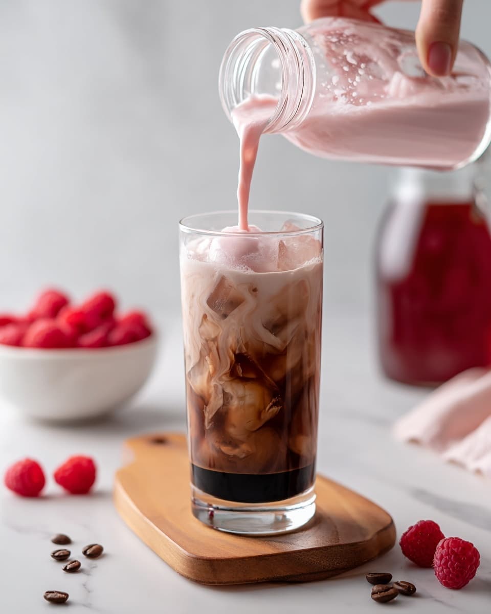 A clear glass jar filled with a two-layer pink drink, the bottom layer is a light pink with a smooth texture and the top layer is a slightly lighter pink, almost frothy. The jar has a silver lid and is placed on a white marbled surface. Around the jar are several fresh red strawberries and raspberries, some with green stems still attached. In the background, a soft pink flower and a white blurred wall add a gentle touch to the scene. Photo taken with an iphone --ar 4:5 --v 7