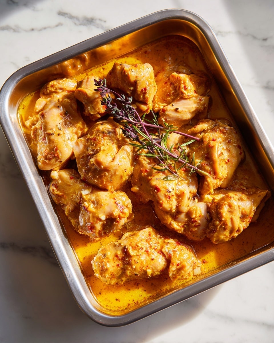 This close-up image shows a metal baking tray filled with several pieces of raw chicken marinated in a thick orange sauce with visible small bits of garlic and spices. The chicken pieces vary in size and shape, and the sauce pools slightly around them, adding a shiny texture. On top of the chicken, there are two small sprigs of dark purple herbs placed diagonally, adding a touch of color contrast. The tray sits on a white marbled surface with sunlight creating bright highlights and shadows across the chicken, enhancing the juicy and fresh look of the raw meat. Photo taken with an iphone --ar 4:5 --v 7