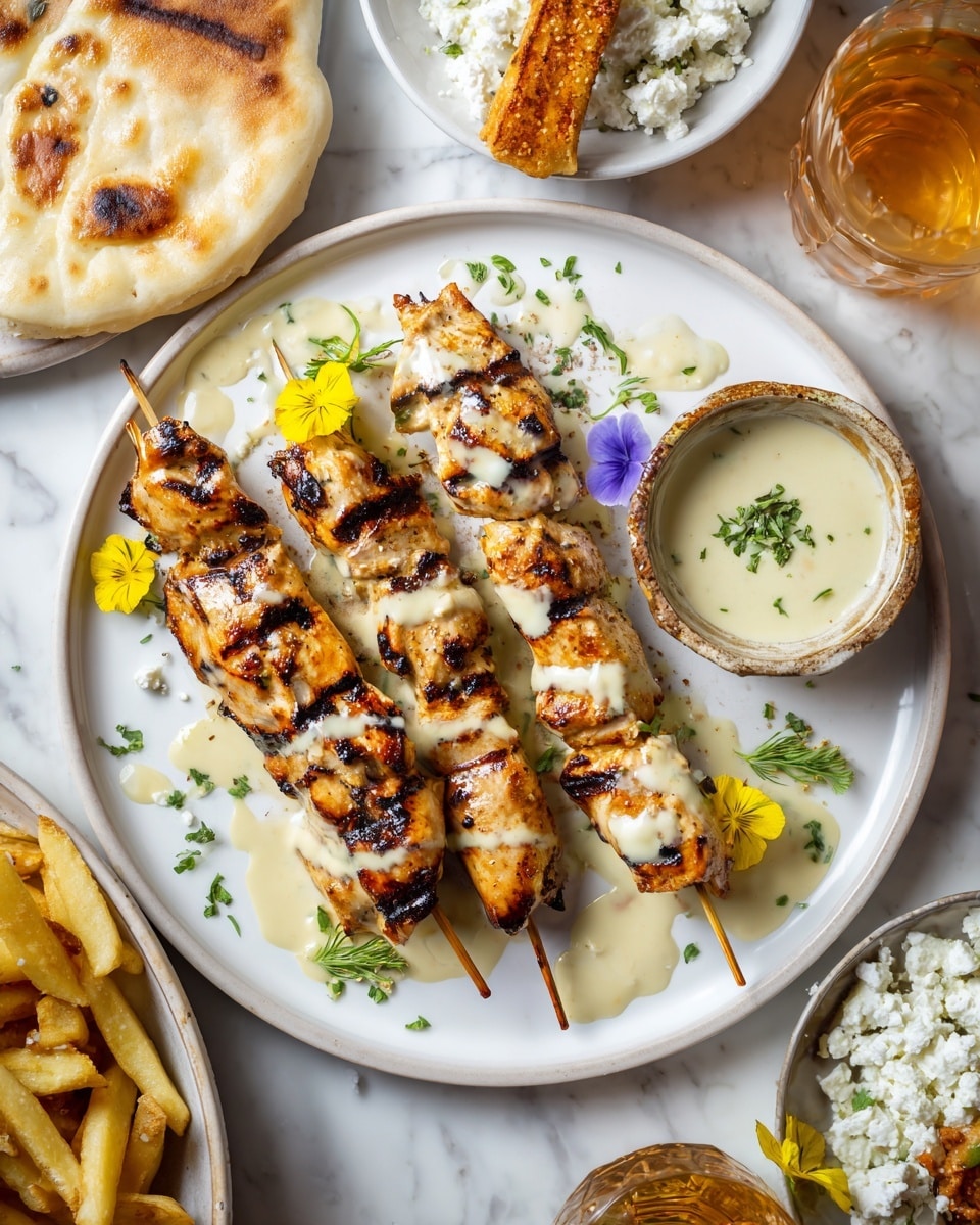 A white plate holds five grilled chicken skewers arranged side by side, with charred marks and golden-brown coloring on the meat. A creamy white sauce is drizzled over the chicken pieces, some sauce pooled in a small round container placed on the plate to the right, decorated with tiny green herbs. At the top left of the plate, there is a piece of flatbread with a light golden spot. Near the sauce container, small green leaves and a yellow flower decorate the plate. The plate rests on a white marbled surface. Around the main plate are additional dishes: a bowl of seasoned French fries with white cheese crumbles at the bottom edge, a glass of light amber drink at the top right, and a small white bowl of white cheese with herbs and a fried potato stick on the upper left. Photo taken with an iphone --ar 4:5 --v 7