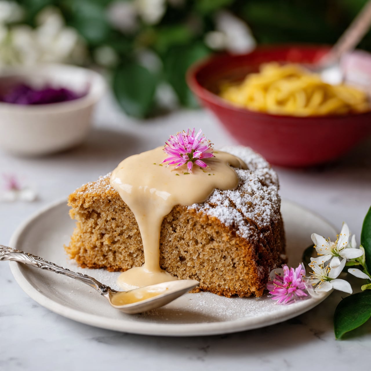 The image shows a slice of light brown cake on a white plate, topped with a flowing creamy light beige sauce and a small pink flower. The cake looks soft and crumbly with a dusting of powdered sugar on top. In the background, there is a red bowl with some light yellow noodles and some purple cabbage off to the side on a white marbled surface. A spoon rests inside the cake slice, with a woman's hand just touching the spoon handle. Nearby are green leaves and white flowers adding a natural touch to the scene. Photo taken with an iphone --ar 4:5 --v 7